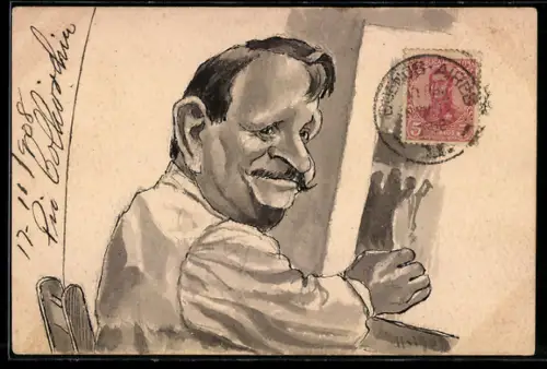 Künstler-AK Handgemalt: Maler vor einer Leinwand im Halbprofil