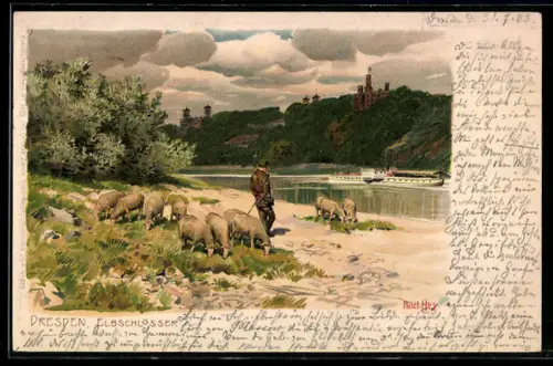 Künstler-Lithographie Paul Hey: Dresden, Elbschlösser, Schäfer mit Herde blickt auf Elbe und Schlösser