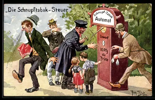 Künstler-AK Arthur Thiele: Männer am Schnupftabak Automat nach der Schnupftabak-Steuer