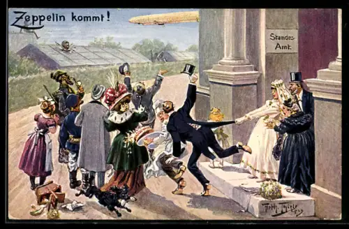 Künstler-AK A. Thiele: Zeppelin kommt, Brautpaar auf dem Standesamt