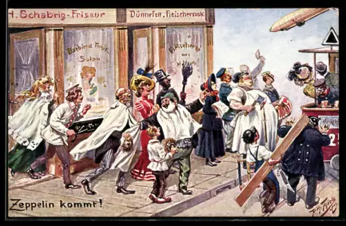 Künstler-AK Arthur Thiele: Zeppelin kommt!, Menschenmassen strömen auf die Strasse, Luftschiff am Himmel