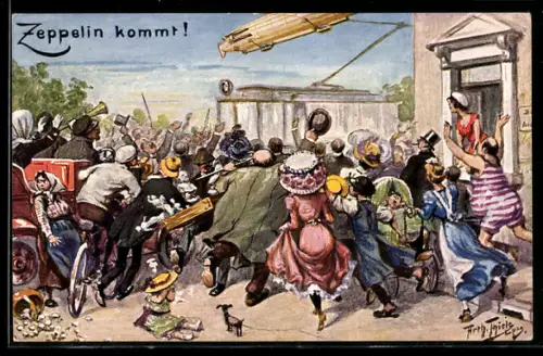 Künstler-AK A. Thiele: Zeppelin kommt!, Schaulustige wollen das Luftschiff am Himmel sehen, Strassenbahn