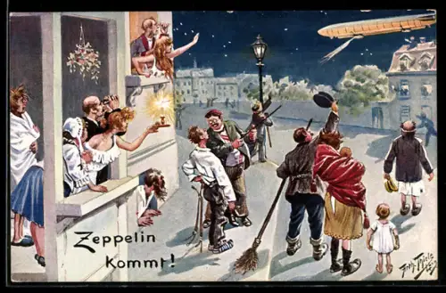 Künstler-AK Arthur Thiele: Stadtbewohner blicken bei Nacht auf einen vorbeifliegenden Zeppelin