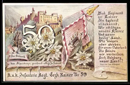 AK K.u.k. Infanterie Regt. Erzh. Rainer Nr. 59, Edelweiss-Blumen, Schloss im Hintergrund