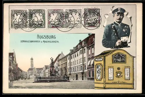 AK Augsburg, Herkulesbrunnen und Maximilianstrasse, Postbote durch zerrissenes Papier, Postkasten und Briefmarken
