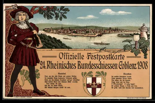 Lithographie Coblenz, 24. Rheinisches Bundesschiessen 1908, Blick auf das Deutsche Eck