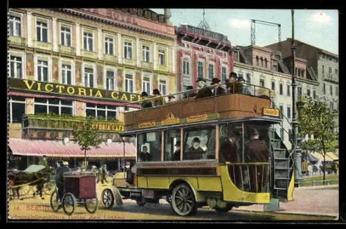 AK Berlin, Automobilomnibus Unter den Linden, Lastkraftwagen, Im Hintergrund Victoria Café