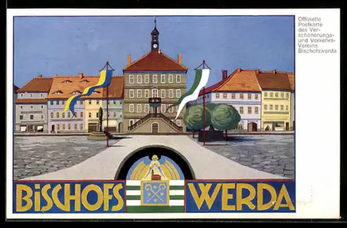 AK Bischofswerda, Marktplatz mit Rathaus und Denkmal