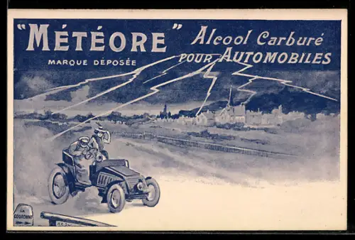 AK La Couronne, Mann und Frau in einem Auto, Reklame für Tankstelle und Kraftstoff Météore mit Blitzen