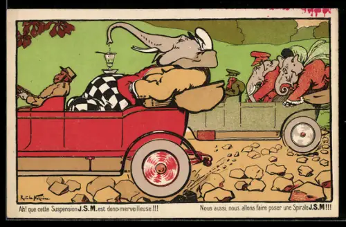 AK Elefant in feiner Kleidung fährt in einem Auto mit und trinkt aus einem Glas auf seinem Bauch