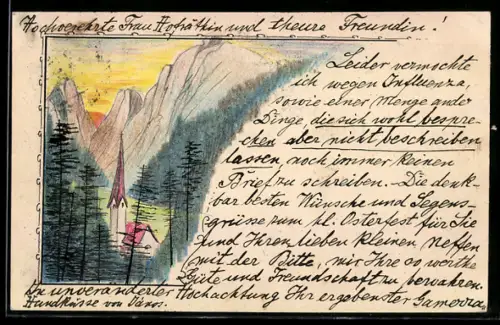 Künstler-AK Handgemalt: Davos, Kirche mit umliegendem Wald und Bergpanorama mit untergehender Sonne