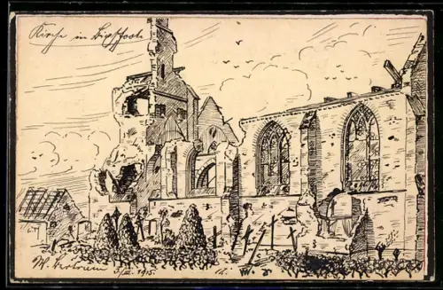 AK Bixschoote, Zerstörte Kirche mit Friedhof