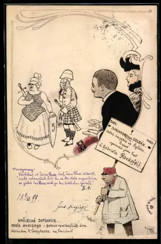 Künstler-AK Handgemalt: Junckfrau von Odleán, Dame mit Schild, Schottischer Soldat, Jugendstil