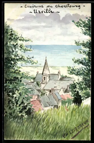 Künstler-AK Handgemalt: Urville /Cherbourg, Durchblick zur Kirche