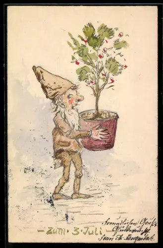 Künstler-AK Handgemalt: Zwerg bringt eine Pflanze als Geschenk