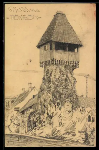 Künstler-AK Handgemalt: Tiengen, Storchenturm im Ort