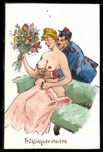 Künstler-AK Handgemalt: Soldat umarmt eines barbusige Frau von Hinten, Frühlingserwachen