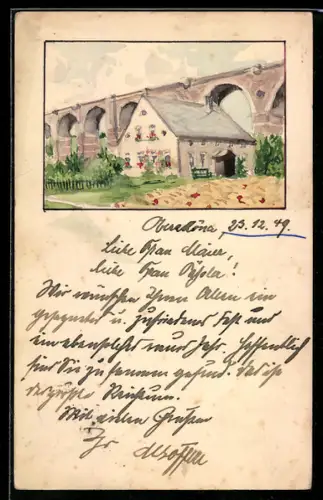 Künstler-AK Handgemalt: Oberschöna, Haus vor Viadukt