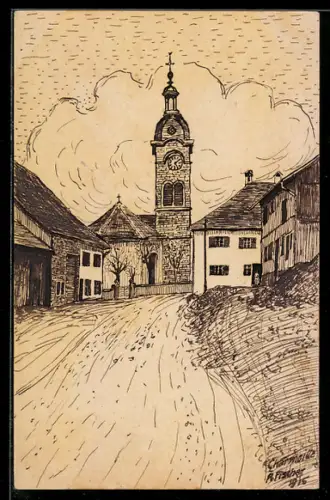 Künstler-AK Handgemalt: Charmoille, Blick zur Kirche