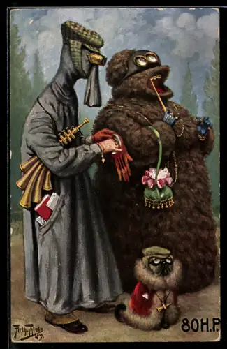 Künstler-AK Arthur Thiele: verkleidetes Paar als Rennfahrer mit Hund, Signalhorn