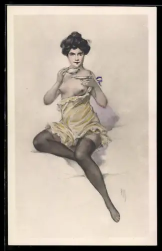 Künstler-AK H.S.: Fräulein mit nackter Brust und Tee