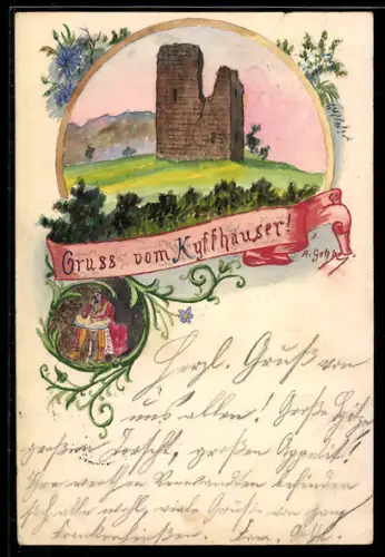 Künstler-AK Handgemalt: Kyffhäuser, Blick zur Ruine