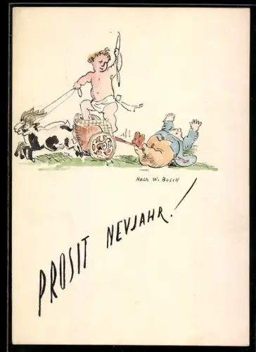 Künstler-AK Handgemalt: Kind auf Ziegenwagen zieht einen Mann hinterher