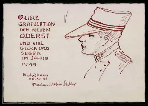 Künstler-AK Handgemalt: Profil eines schweizer Soldaten in Uniform 1948