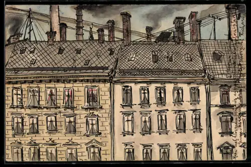 Künstler-AK Handgemalt: Leipzig, Wohnhäuser mit Schornsteinen
