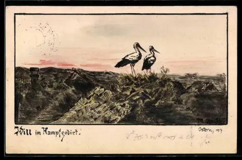 Künstler-AK Handgemalt: Zwei Storche in ihrem Nest