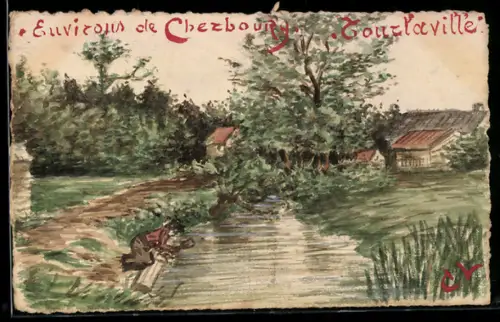 Künstler-AK Handgemalt: Cherbourg, Person am Ufer eines Baches