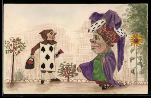 Künstler-AK Handgemalt: Rote Königin mit einem ihrer Kartendiener malt die Rosen rot