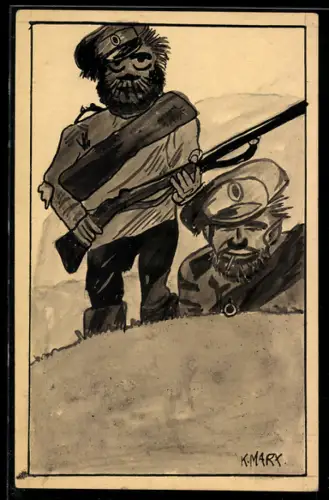 Künstler-AK Handgemalt: Russische Soldaten in Uniform mit Gewehr