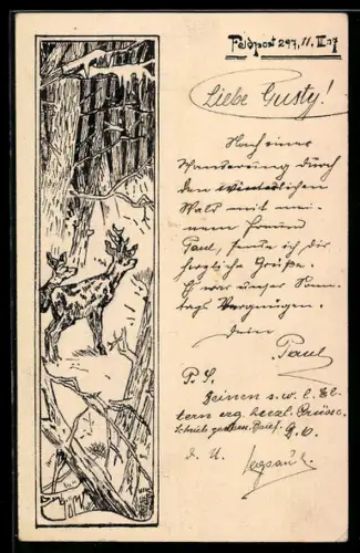 Künstler-AK Handgemalt: Hochwild im Wald