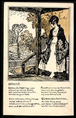 Künstler-AK Handgemalt: Junge Frau auf einer Veranda