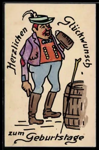 Künstler-AK Handgemalt: Herr in traditioneller Kleidung mit Bierkrug, Geburtstag-Glückwunsch