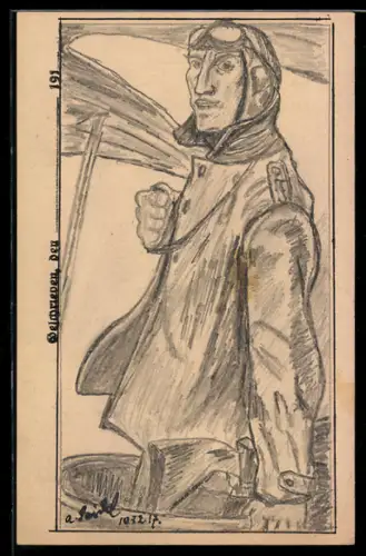 Künstler-AK Handgemalt: Pilot im Führerstand seines Flugzeuges