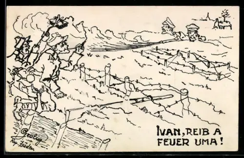 Künstler-AK Handgemalt: Deutsche und russische Soldaten liegen sich in Schützengräben gegenüber