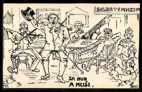Künstler-AK Handgemalt: Soldaten beim Musizieren im Soldatenheim