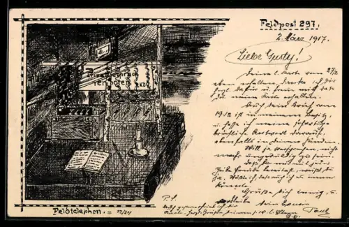 Künstler-AK Handgemalt: Stube mit Feldtelephon