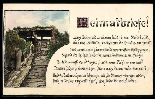 Künstler-AK Handgemalt: Unterstand mit Tarnung