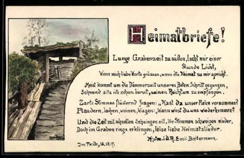 Künstler-AK Handgemalt: Unterstand mit Tarnung