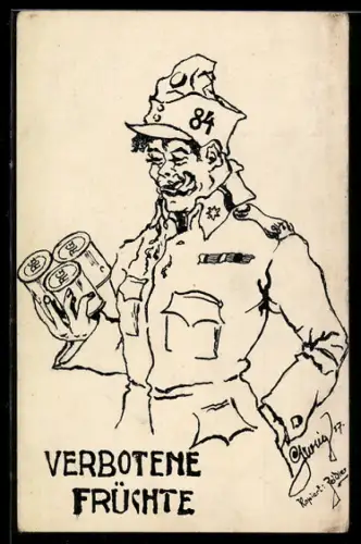 Künstler-AK Handgemalt: Soldat mit Konservendosen