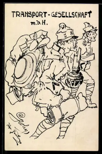 Künstler-AK Handgemalt: Soldaten beim Transport von Ausrüstung und Gerät