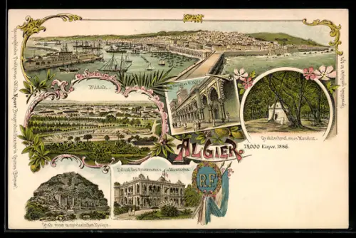 Lithographie Algier, Generalansicht, Blick auf den Hafen, Grabdenkmal eines Marabut, Blidah, Palast des Gouverneurs