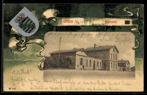 AK Erlau, Ansicht vom Bahnhof, Passepartout mit Wappen