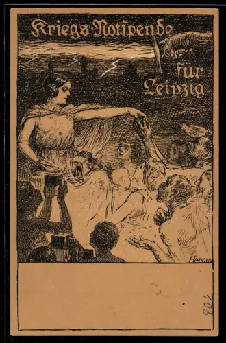 Künstler-AK Bruno Heroux: Leipzig, Aufruf zur Kriegsnotspende für die Stadt, Frau verteilt Geld an Bedürftige