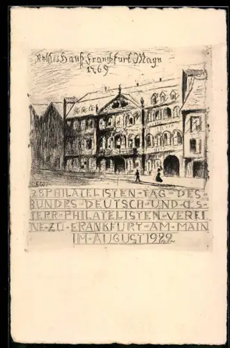 Künstler-AK Frankfurt a. M., 28. Philatelistentag 1928, Rothes Haus im Jahr 1769, Ganzsache