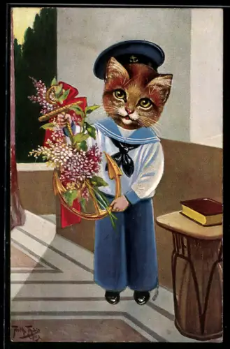 Künstler-AK Arthur Thiele: Katze im Matrosenanzug mit Anker und Blumengrüssen