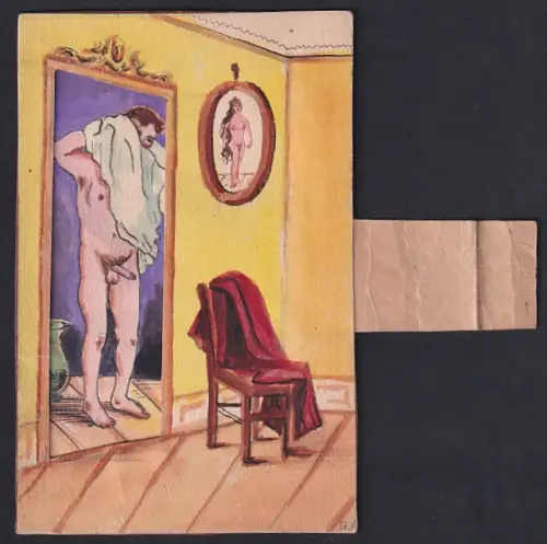Künstler-AK Handgemalt: Nackter Mann im Badezimmer hinter aufziehbarem Vorhang